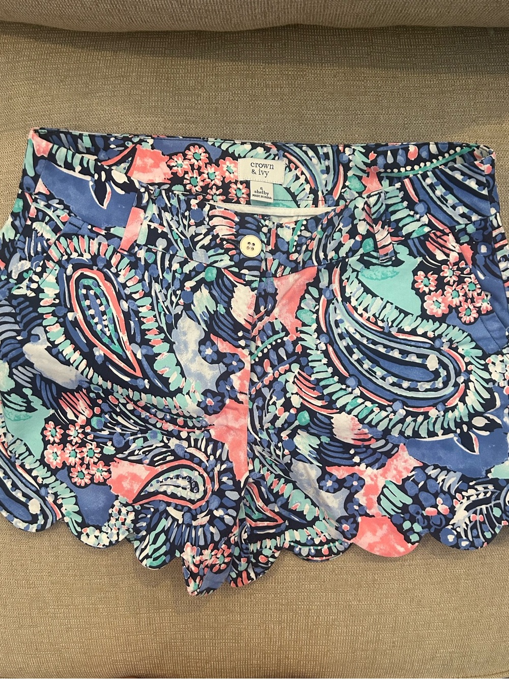 crown & ivy Navy Paisley Scalloped Hem Shorts with Aqua & Pink Accents